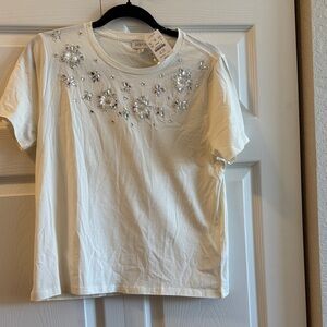 J. Crew White Tee with Silver Beaded Floral Design